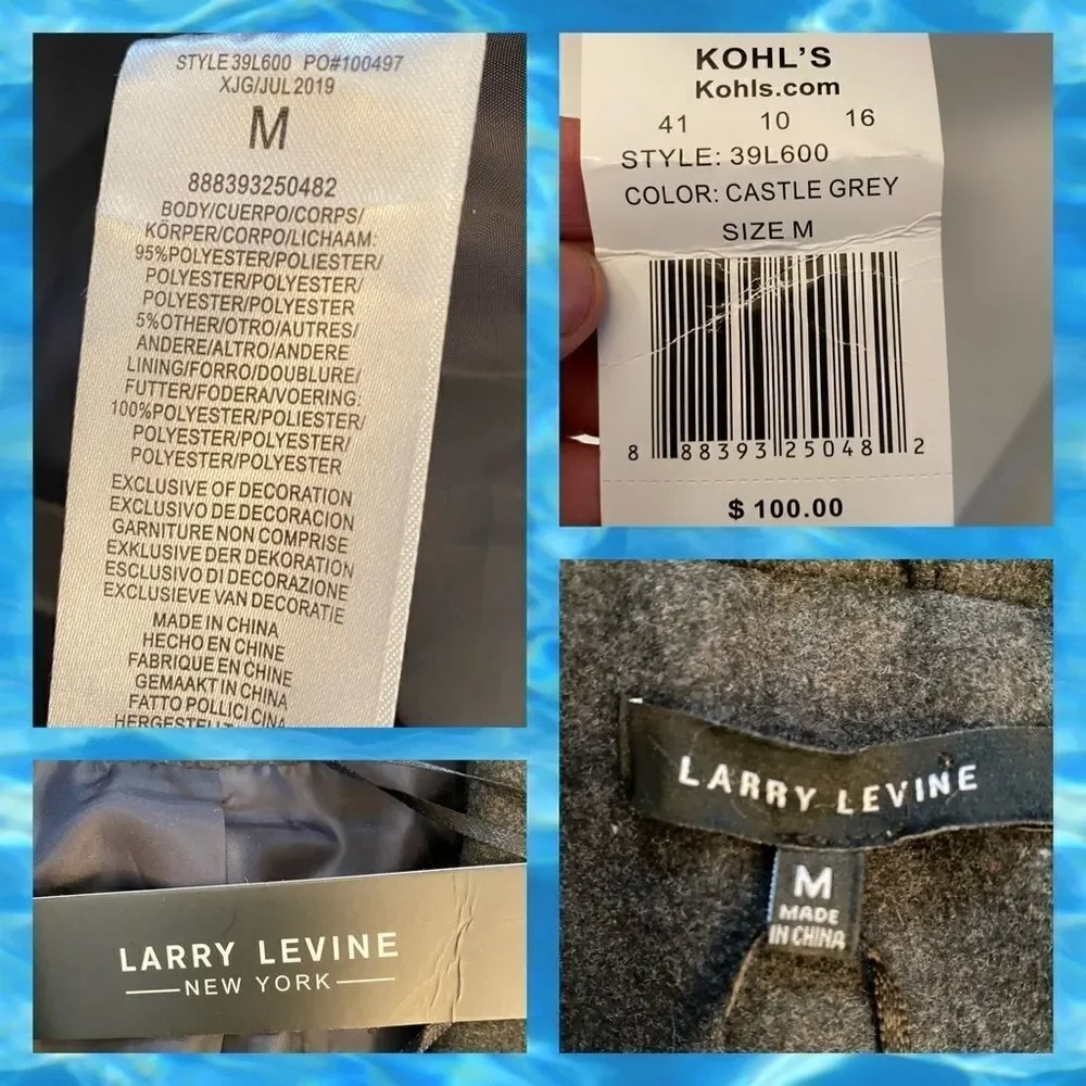 NWT Larry Levine Wool-Blend Pea Coat Castle Grey Size M classic nautical preppy